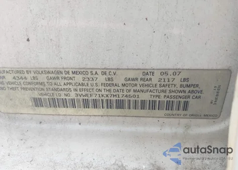 2007 Volkswagen Jetta Wolfsburg Edition from USA, damaged, VIN 3VWEF71KX7M174501